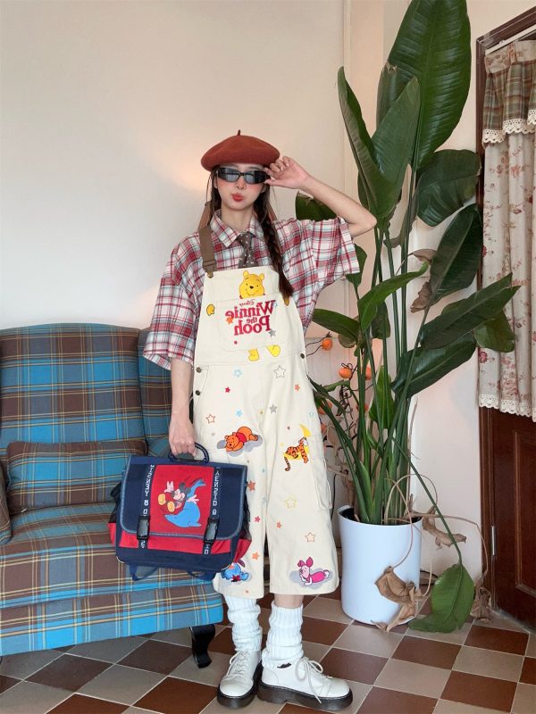 Vintage Cartoon Embroidered Work Overalls - Retro Heavy-Duty Cropped Pants for Couples - Unisex Casual Style