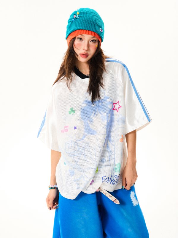 Vintage Cartoon Girl Jersey Short Sleeve T-Shirt for Women - Loose Fit V-Neck Top, Summer Casual Style