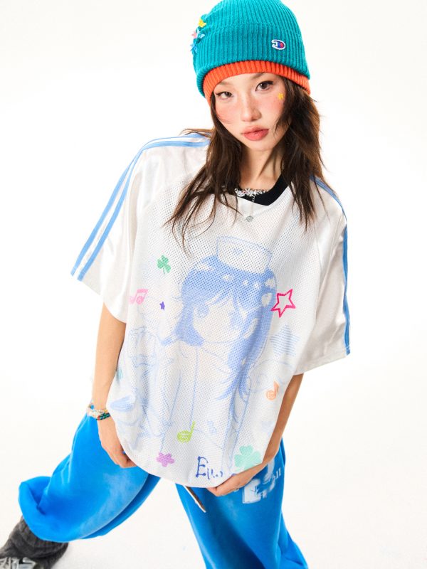 Vintage Cartoon Girl Jersey Short Sleeve T-Shirt for Women - Loose Fit V-Neck Top, Summer Casual Style