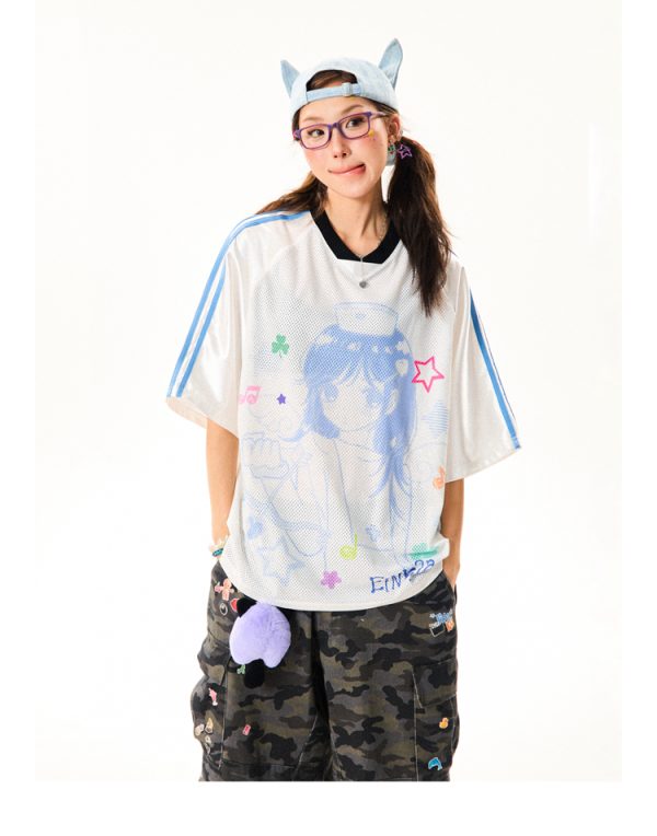 Vintage Cartoon Girl Jersey Short Sleeve T-Shirt for Women - Loose Fit V-Neck Top, Summer Casual Style