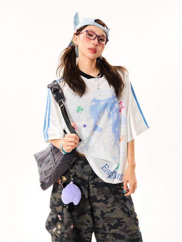 Vintage Cartoon Girl Jersey Short Sleeve T-Shirt for Women - Loose Fit V-Neck Top, Summer Casual Style