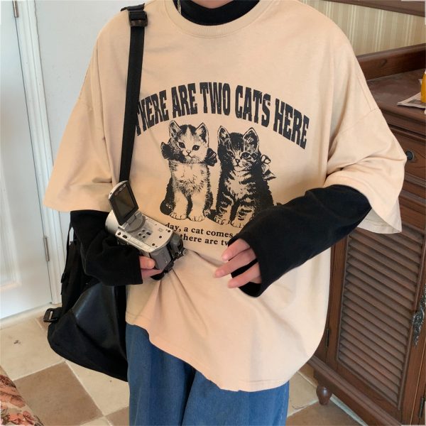 Vintage Cat Print Loose Fit Couple T-Shirt - Retro Trendy Round Neck Short Sleeve Top for Lazy Days