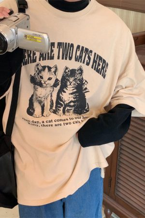 Vintage Cat Print Loose Fit Couple T-Shirt - Retro Trendy Round Neck Short Sleeve Top for Lazy Days