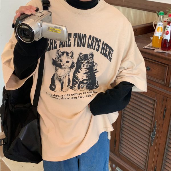 Vintage Cat Print Loose Fit Couple T-Shirt - Retro Trendy Round Neck Short Sleeve Top for Lazy Days