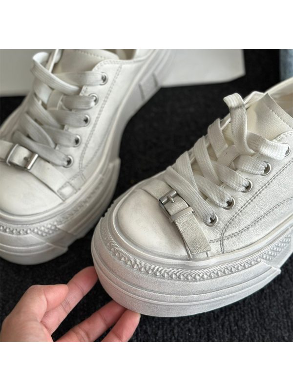 Vintage Cowhide Thick-Soled White Lace-Up Casual Sports Shoes for Petite Sizes - Versatile Canvas Style