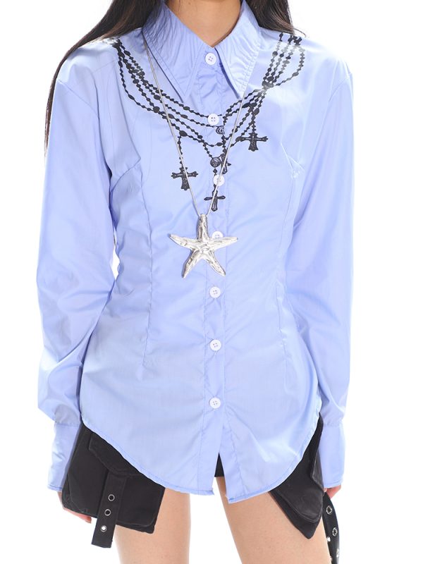 Vintage Dark Style Printed Tie Waist Shirt Blouse for Women - Sexy Summer Niche Design, Retro Y2K Inspired Fashion
