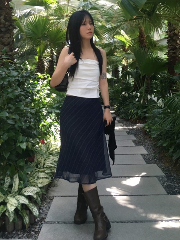 Vintage Diagonal Striped Mesh Mid-Length Skirt for Women, Slim Straight Retro Design, Low Waist Bow Detail, Y2K Style