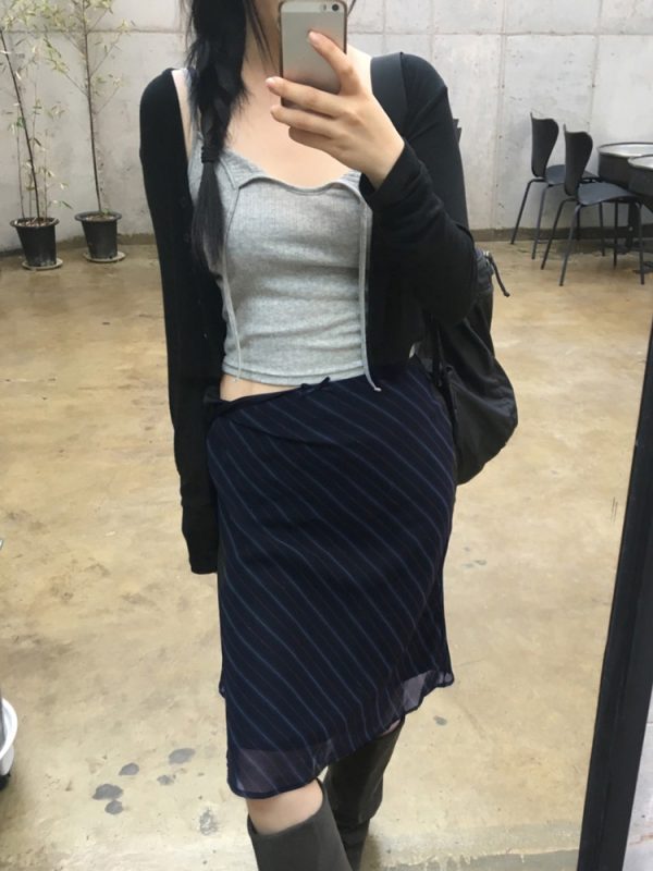 Vintage Diagonal Striped Mesh Mid-Length Skirt for Women, Slim Straight Retro Design, Low Waist Bow Detail, Y2K Style