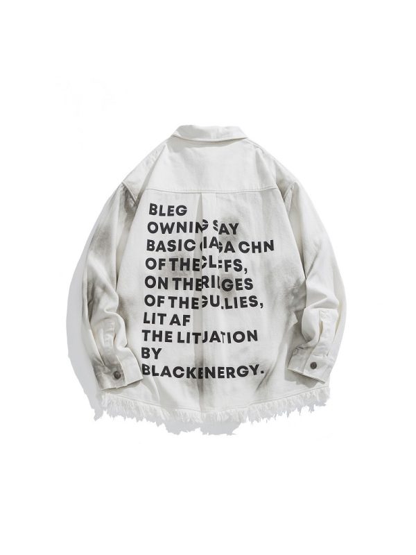 Vintage Distressed Letter Print Long Sleeve Frayed Shirt - Unisex Relaxed Fit Streetwear Jacket