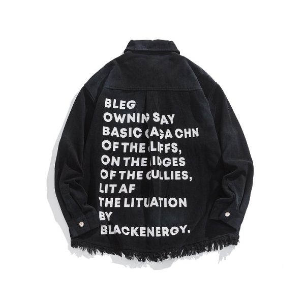Vintage Distressed Letter Print Long Sleeve Frayed Shirt - Unisex Relaxed Fit Streetwear Jacket