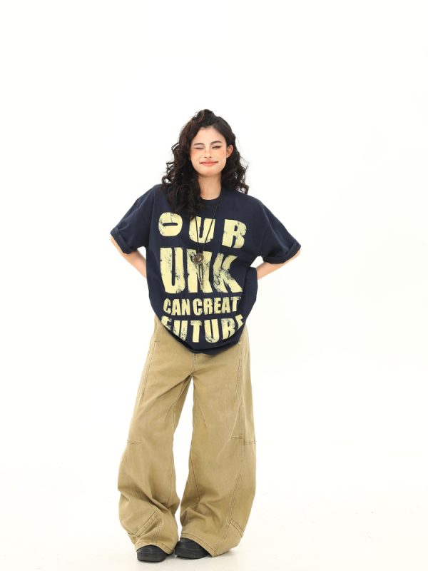 Vintage Distressed Letter Print Short Sleeve T-Shirt for Women, Trendy Loose Fit American Style, Versatile Casual Couple Top