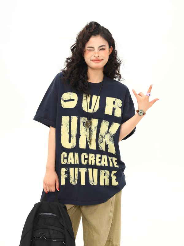 Vintage Distressed Letter Print Short Sleeve T-Shirt for Women, Trendy Loose Fit American Style, Versatile Casual Couple Top