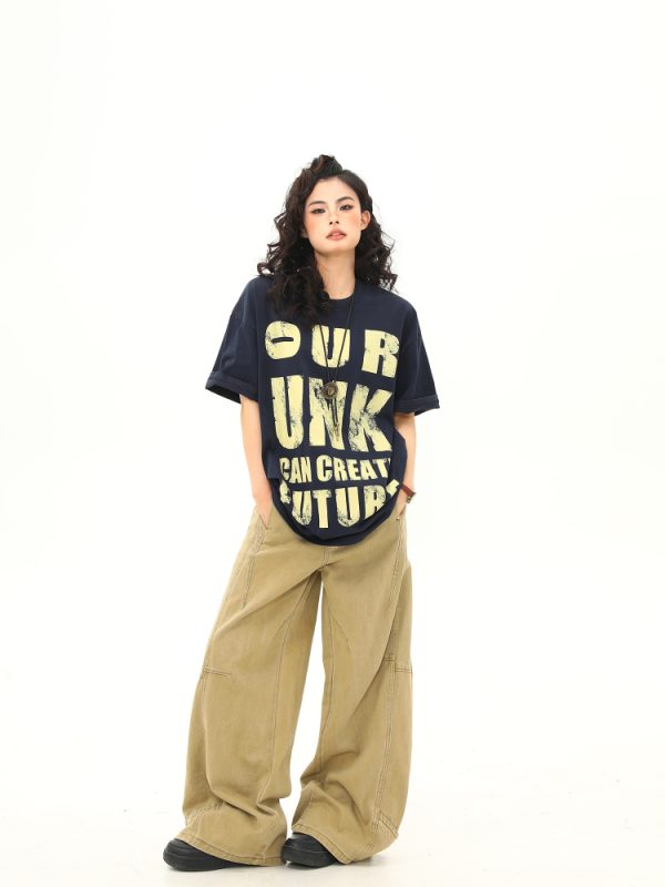 Vintage Distressed Letter Print Short Sleeve T-Shirt for Women, Trendy Loose Fit American Style, Versatile Casual Couple Top