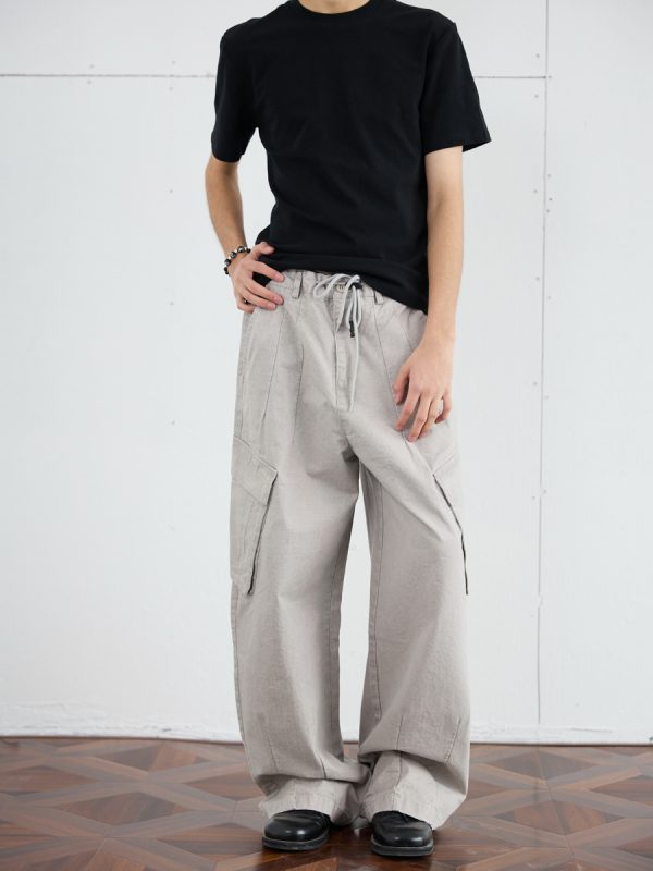 Vintage Distressed Loose-Fit Work Pants for Men - Wide Straight-Leg Trousers in American Casual Style