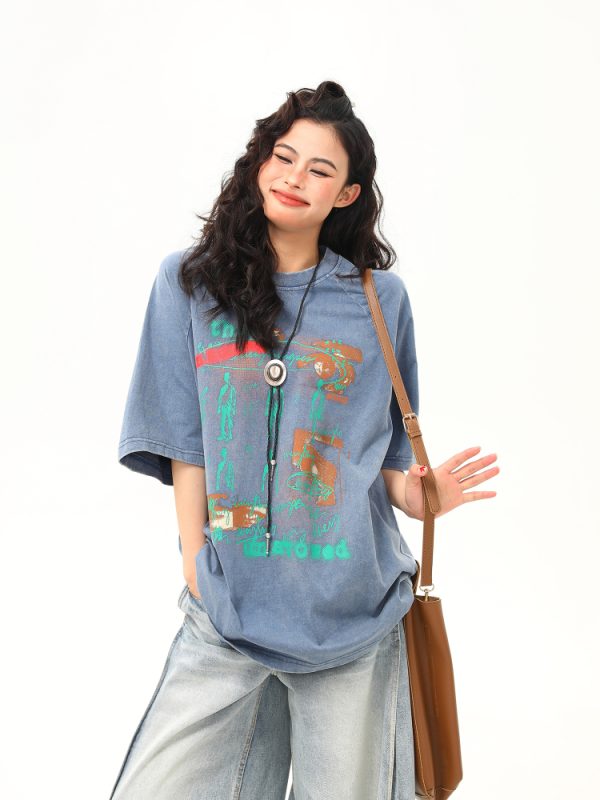 Vintage Distressed Printed Short Sleeve T-Shirt for Men and Women, Loose Fit Couple Tee, Retro American Style, Casual Fashion