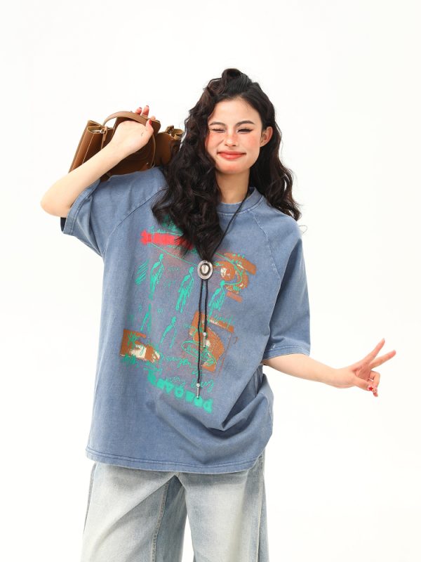 Vintage Distressed Printed Short Sleeve T-Shirt for Men and Women, Loose Fit Couple Tee, Retro American Style, Casual Fashion