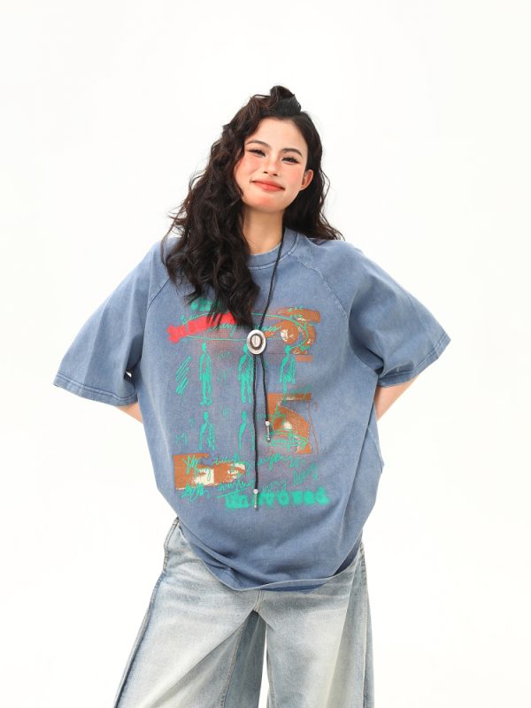 Vintage Distressed Printed Short Sleeve T-Shirt for Men and Women, Loose Fit Couple Tee, Retro American Style, Casual Fashion