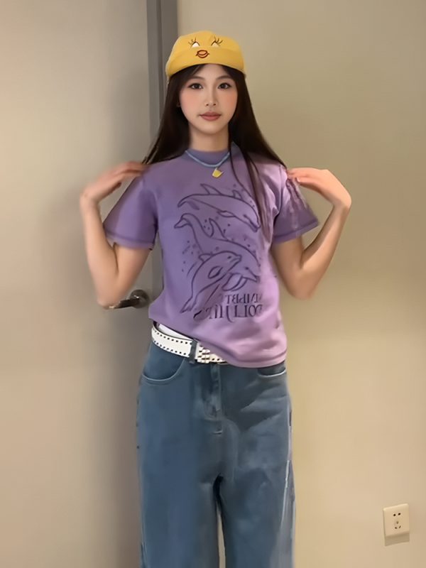 Vintage Dolphin Print Short Sleeve T-Shirt for Women, Slim Fit Summer Top, Round Neck Trendy Casual Style