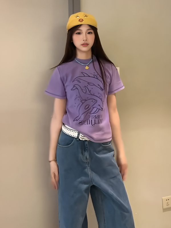 Vintage Dolphin Print Short Sleeve T-Shirt for Women, Slim Fit Summer Top, Round Neck Trendy Casual Style