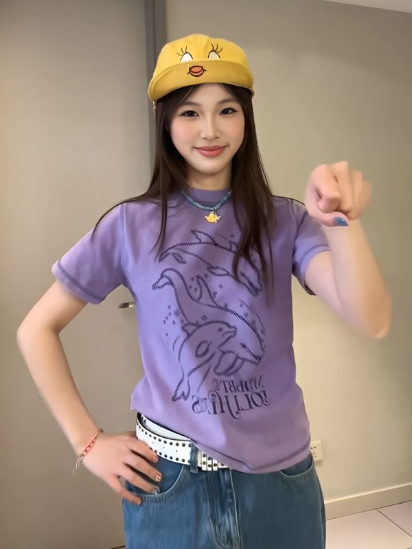 Vintage Dolphin Print Short Sleeve T-Shirt for Women, Slim Fit Summer Top, Round Neck Trendy Casual Style