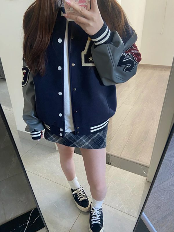 Vintage Embroidered Baseball Jacket for Women - American High Street Style, College Trend, Spring Autumn Collection, Leather Feel