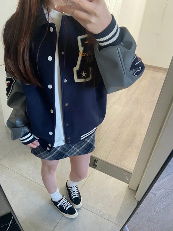 Vintage Embroidered Baseball Jacket for Women - American High Street Style, College Trend, Spring Autumn Collection, Leather Feel