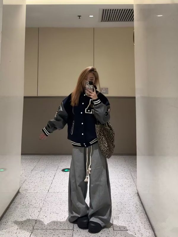 Vintage Embroidered Baseball Jacket for Women - American High Street Style, College Trend, Spring Autumn Collection, Leather Feel