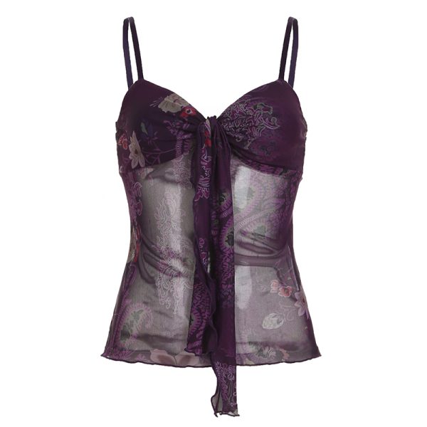 Vintage Ethnic Style Totem Mesh Camisole with Twisted Knot, Flowing Straps, and Low Neckline - Retro Fitted Waist Vest for Y2K Fashion