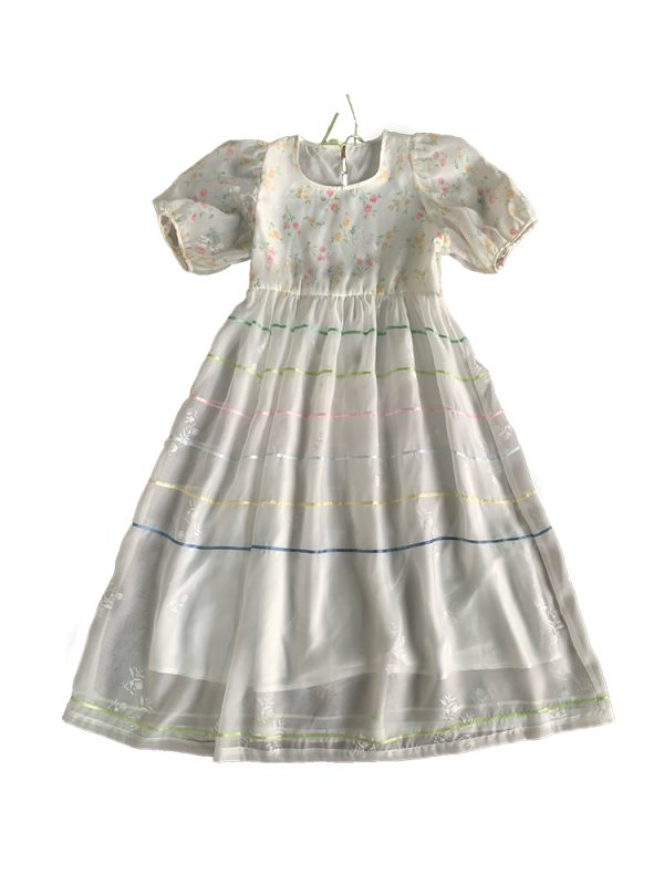 Vintage 'Finding Dream Island' French Puff Sleeve Dress - Women's Summer Organza Long Skirt, 90s Style, Boho Chic Fashion