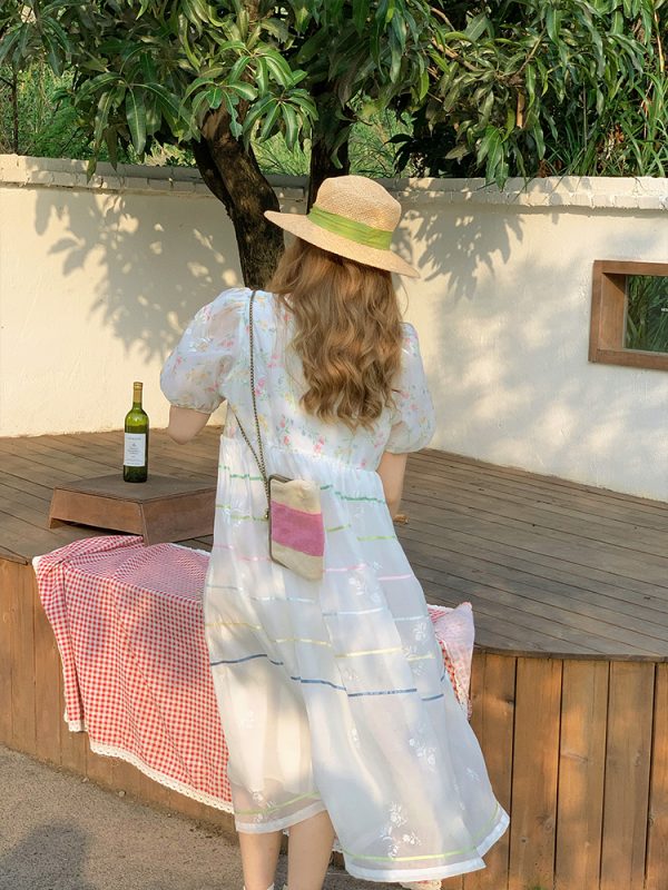 Vintage 'Finding Dream Island' French Puff Sleeve Dress - Women's Summer Organza Long Skirt, 90s Style, Boho Chic Fashion