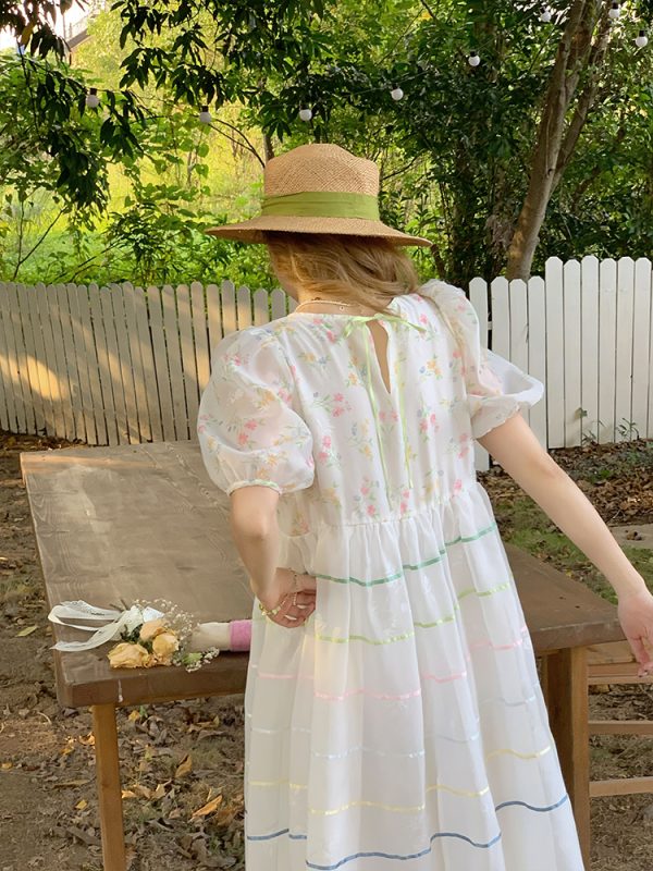 Vintage 'Finding Dream Island' French Puff Sleeve Dress - Women's Summer Organza Long Skirt, 90s Style, Boho Chic Fashion