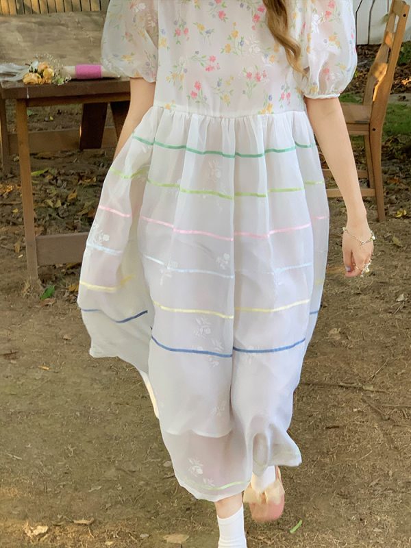 Vintage 'Finding Dream Island' French Puff Sleeve Dress - Women's Summer Organza Long Skirt, 90s Style, Boho Chic Fashion