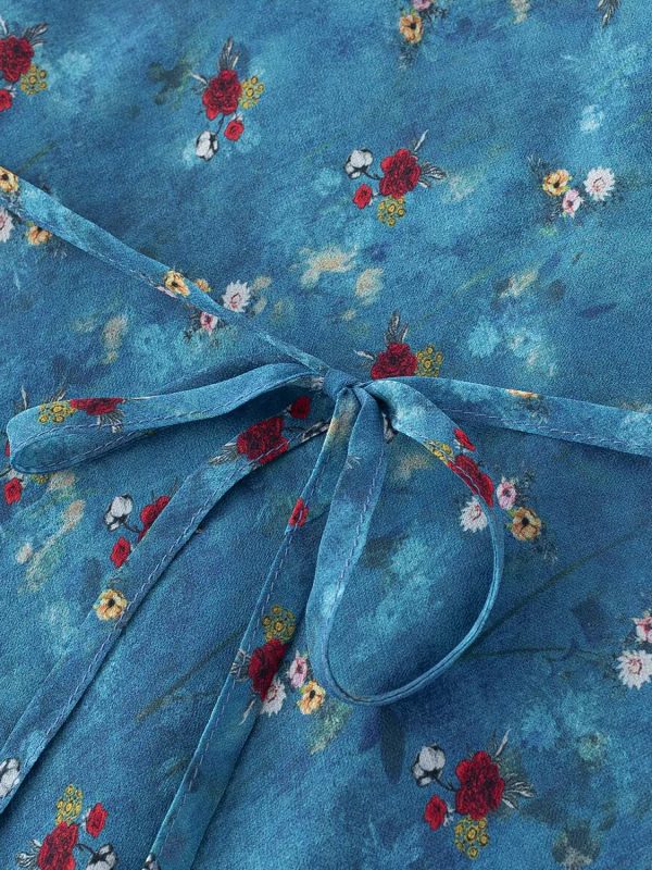 Vintage Floral Blue Dress for Women - Waist-Defined Summer Vacation Style - 2025 French Inspired Long Dress