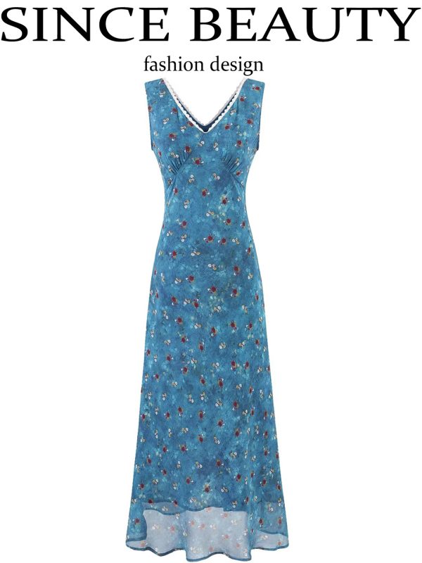 Vintage Floral Blue Dress for Women - Waist-Defined Summer Vacation Style - 2025 French Inspired Long Dress