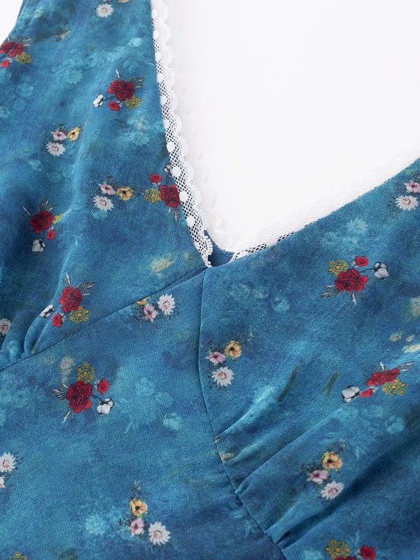 Vintage Floral Blue Dress for Women - Waist-Defined Summer Vacation Style - 2025 French Inspired Long Dress