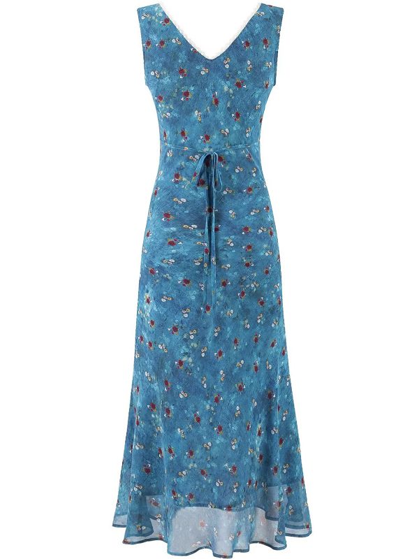 Vintage Floral Blue Dress for Women - Waist-Defined Summer Vacation Style - 2025 French Inspired Long Dress