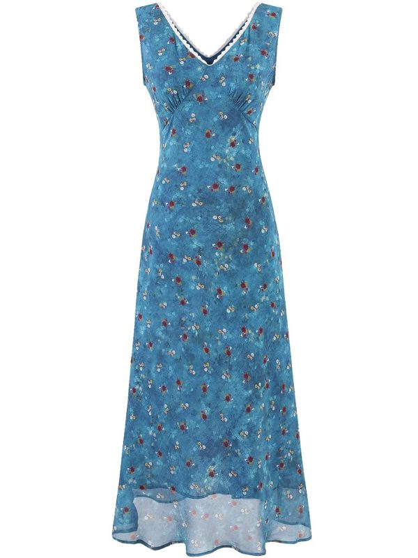 Vintage Floral Blue Dress for Women - Waist-Defined Summer Vacation Style - 2025 French Inspired Long Dress