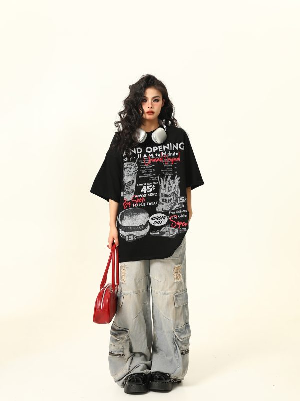 Vintage Floral Gray American Retro Short-Sleeve T-Shirt for Men and Women, Hand-Drawn Print, Y2K Style, Casual Fashion Tee