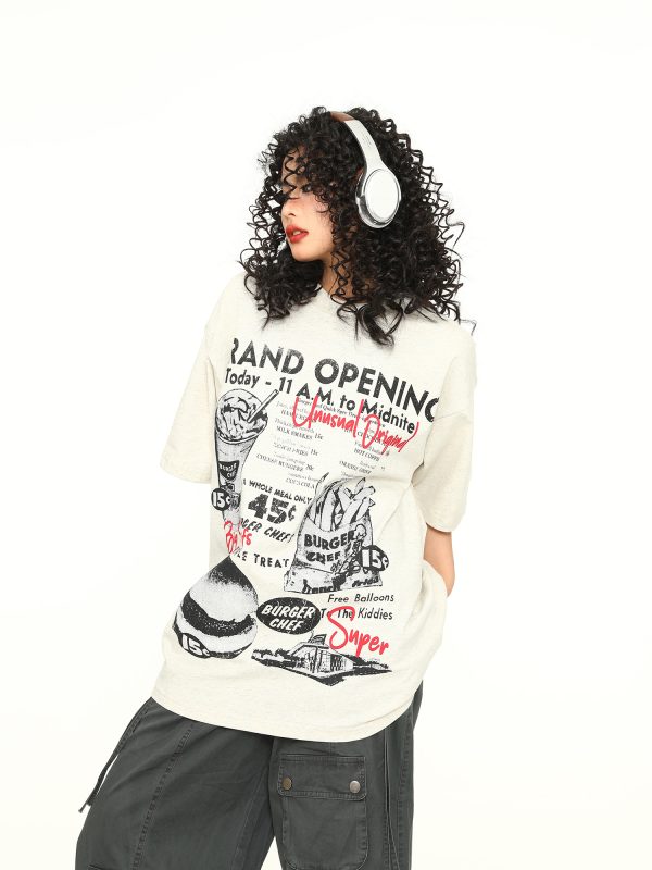 Vintage Floral Gray American Retro Short-Sleeve T-Shirt for Men and Women, Hand-Drawn Print, Y2K Style, Casual Fashion Tee
