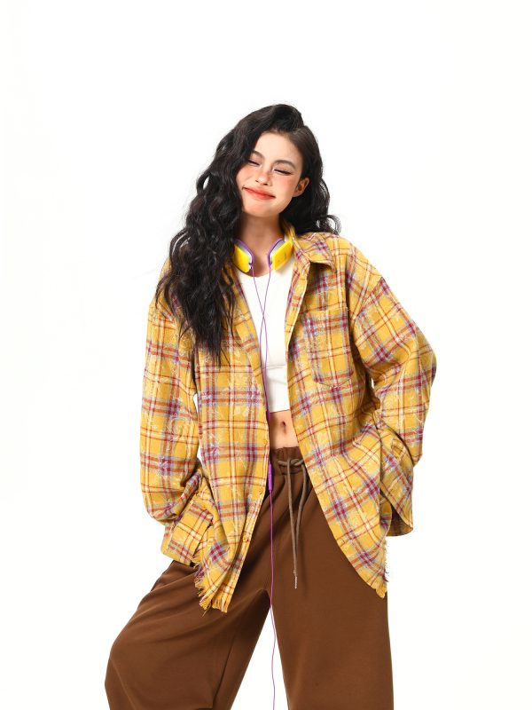 Vintage Floral Long Sleeve Shirt for Women - 2025 Autumn American Style - High-Quality Yellow Top, Perfect for Y2K and 90s Fashion