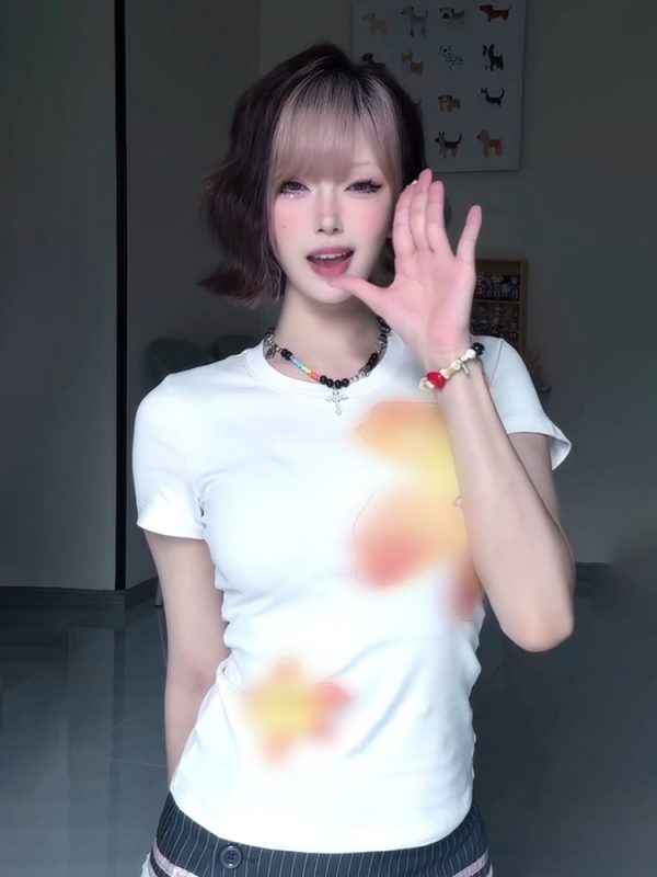 Vintage Floral Print Shoulder T-Shirt for Women, White Summer Short Sleeve Slim Fit Top, Sexy 90s Style