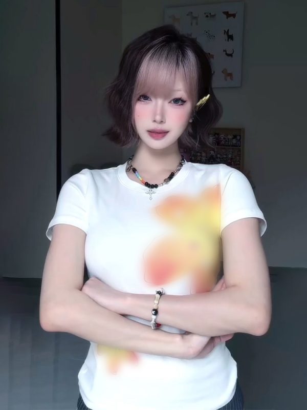 Vintage Floral Print Shoulder T-Shirt for Women, White Summer Short Sleeve Slim Fit Top, Sexy 90s Style