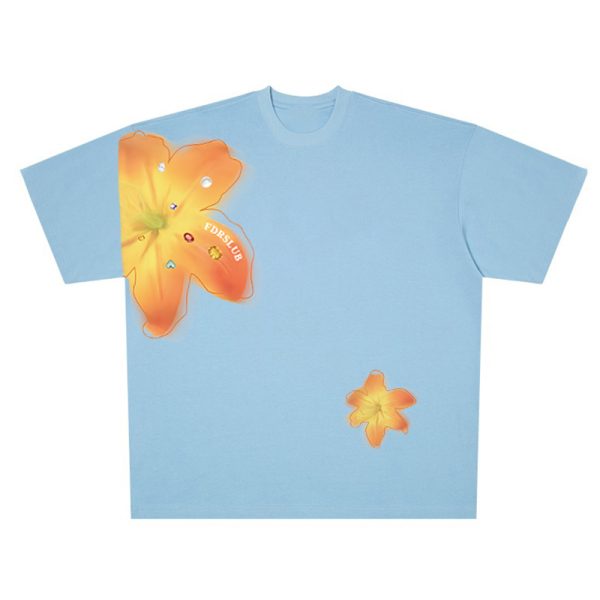 Vintage Floral Print Shoulder T-Shirt for Women, White Summer Short Sleeve Slim Fit Top, Sexy 90s Style