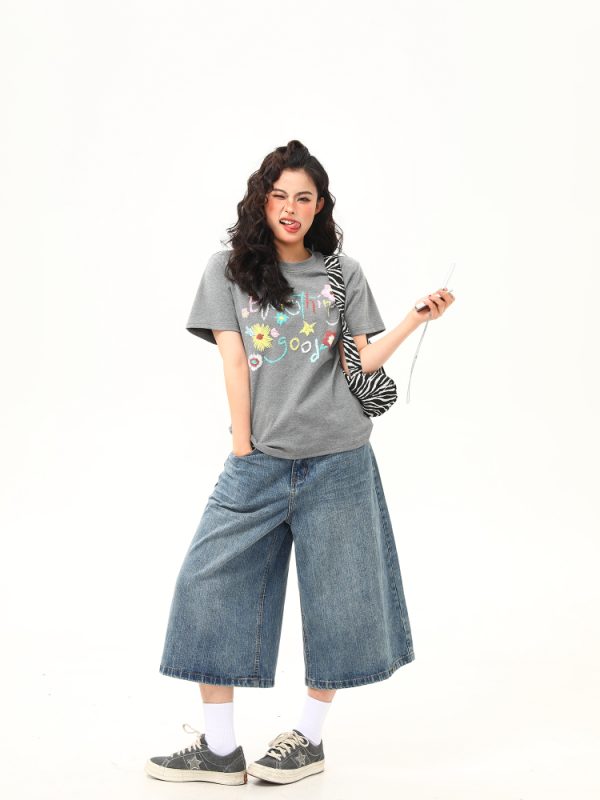 Vintage Floral Print Women's Shoulder T-Shirt, Slightly Loose Fit, Slimming Short Sleeves, Trendy Y2K Style Top for Women