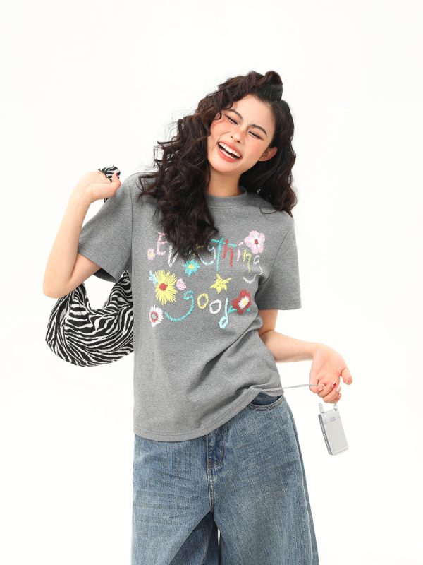 Vintage Floral Print Women's Shoulder T-Shirt, Slightly Loose Fit, Slimming Short Sleeves, Trendy Y2K Style Top for Women