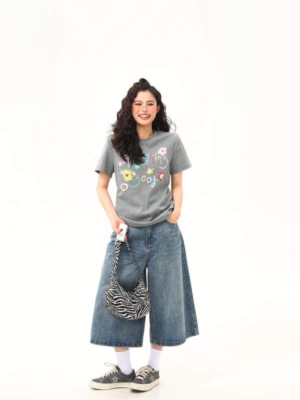 Vintage Floral Print Women's Shoulder T-Shirt, Slightly Loose Fit, Slimming Short Sleeves, Trendy Y2K Style Top for Women