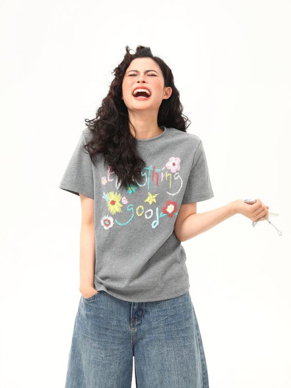Vintage Floral Print Women's Shoulder T-Shirt, Slightly Loose Fit, Slimming Short Sleeves, Trendy Y2K Style Top for Women