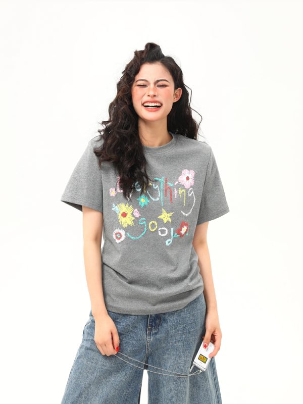 Vintage Floral Print Women's Shoulder T-Shirt, Slightly Loose Fit, Slimming Short Sleeves, Trendy Y2K Style Top for Women