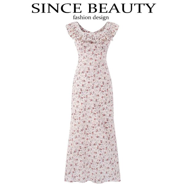 Vintage Floral Ruffle Tea Dress for Women - 2025 Summer Vacation Style, French Design, Perfect for 90s and Y2K Fashion Lovers
