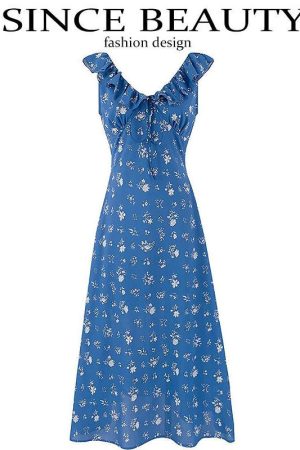 Vintage Floral Ruffle Tie V-Neck Long Dress - Slim Fit Summer Vacation Style 2025 Women's Fashion